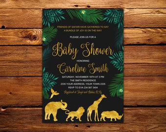 Safari Baby Shower Invitation. Jungle Baby Shower Invitation. Animal Baby Shower Invitation. Jungle Invitation. Gold & Black. Chalkboard.
