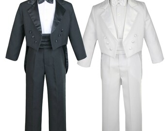 New Baby Toddler Boys WHITE or BLACK Formal Baptism Communion Wedding Ring Bearer Formal Occasion 5 pieces Tail Suit Tuxedo BY008