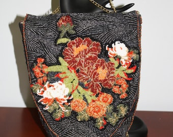 Hand Beaded Purse Flowers on Black Abstract Fabric