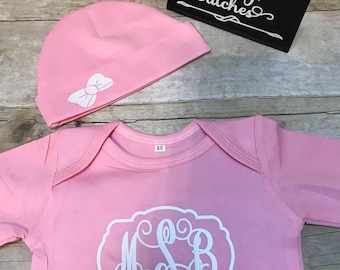 infant gown with hat, newborn gown, newborn gown with hat, monogrammed newborn gown, personalized baby gown, baby shower gift, baby gifts