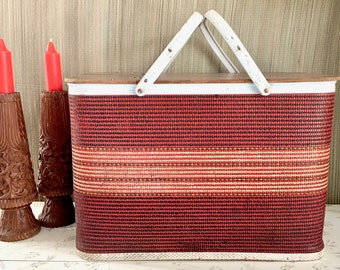 Mid Century Picnic Basket, Picnic Hamper, Woven, Side Table, Craft Storage