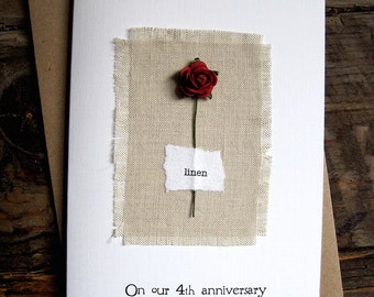4th Anniversary Keepsake Card LINEN. Natural Linen Fabric with a Single Red Rose. 4 Years Anniversary Wife Husband Fourth Size A6: 15x10.5cm