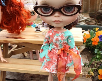 Mint and Coral Peasant Style Tattered Dress for Blythe 12"