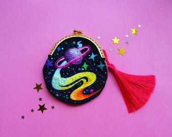 hand embroidery galaxy Purse , little coin purse , space print wallet , boho wallet galaxy
