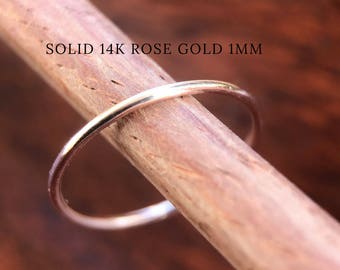 Rose Gold Wedding Band 1mm SOLID 14k Simple Plain Round Skinny Thin Spacer Mothers Day Gift Minimalist Slim Stacking Spacer Engagement