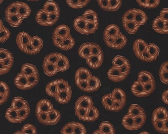 Chocolate drizzled,Pretzels on Black,Timeless Treasures fabrics