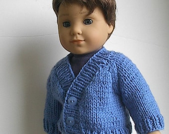 18" Boy Doll Clothes Handknit Cardigan Sweater in Blue Handmade to fit AG Boy Doll Logan and Other similar dolls - V-Neck Sweater