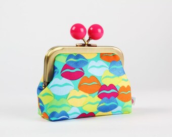 Metal frame coin purse with color bobble - Kool thing in aqua metallic - Color dad / Libs Elliott / Wilside / Kisses lips / blue pink yellow