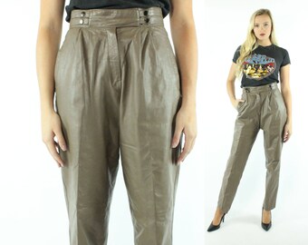 1980s Leather Trousers Tan High Waisted Pleated Pants Tapered Legs Vintage 80s Medium M Biker Motorcycle Brown Arlando