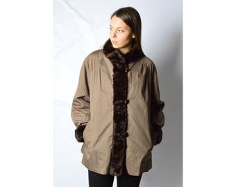 Vintage 80s Brown Faux Fur Reversible Coat Size M/L