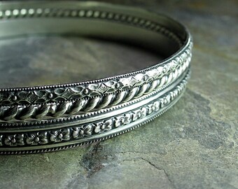 Bangle Bracelet Set sterling silver pattern wire stacking - English Garden