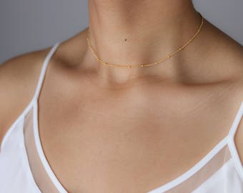 Dainty Beaded Satellite Chain Choker - Layering Choker Necklace - Delicate Gold Necklace - Dew Drop Necklace- Delicate Choker