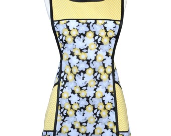 Vintage Farmhouse Crossover Crossback Women's Apron with Large Pockets, Gray and Yellow Gold on Black with Yellow Dots - Fits Miss 4 - 14