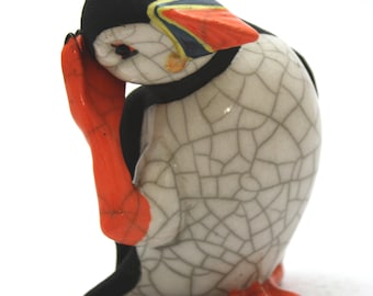 Puffin Scratching - ceramic raku fired sculpture