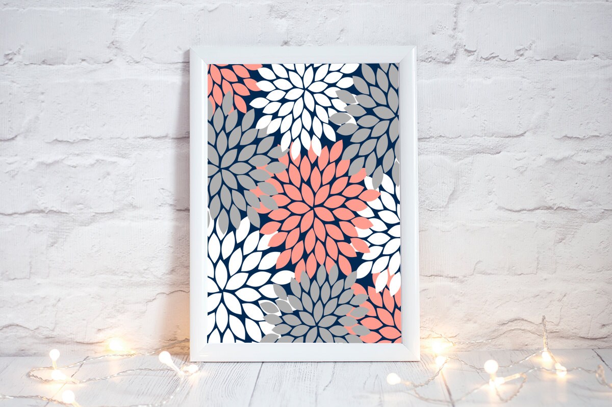 CORAL GRAY Flower Wall Art Bedroom Pictures CANVAS or Prints