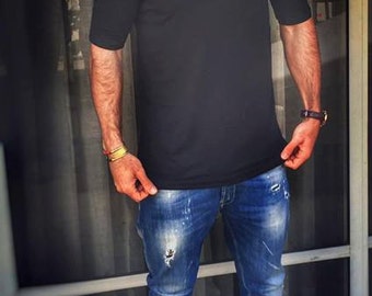 Mens Black Shirt-Minimalist Black Shirt, Mens Basic Clothing, Mens Short Sleeve Shirt; Mens Tunic, Black Crew Neck Shirt, Mens Fashion