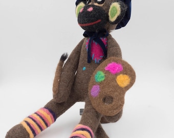 Artist Sock Monkey: Handcrafted with Alpaca Fiber and Fabric