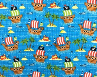Pirate Ship Fabric - Blue Pirate Cotton - Desert Island - Bitied Treasure - Kids Fabric - Pitate Playroom Fabric