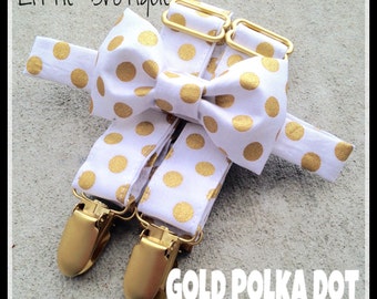 Gold polka dot bow tie and suspender set for men, boys, toddlers, and babies. Sent 1-3 business days after you order