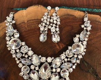Rhinestone necklace set, statement rhinestone necklace, pageant necklace set, large rhinestone necklace, bridal rhinestone necklace set