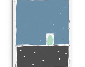 Minimalist Large Forms with Dots - Linocut Block Print - Giclee Digital Print - Subdued Blue, Mint Green and Neutral Gray