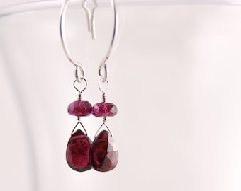 Garnet Earrings, Pear Briolette Drop with Rondelle, Argentium Silver