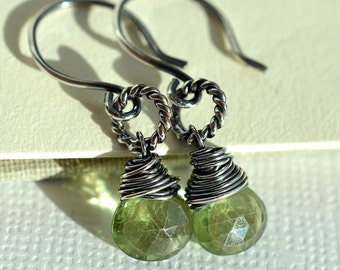 Green Apatite Earrings, Oxidized Earrings, Olive Green Earrings, Sterling Silver Earrings, Green Gemstone Earrings Rustic Dark Green