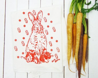 Carrot Bunny Flour Sack Towels, Screen Printed Tea Towel, Kitchen Towels, Tea Towel Flour Sack, Rabbit Illustration, 100% cotton Dish towel