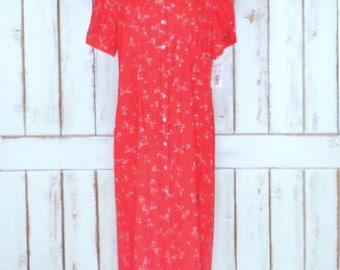 90s red floral button down maxi dress/short sleeve long red dress/peasant/grunge button front collar dress/16