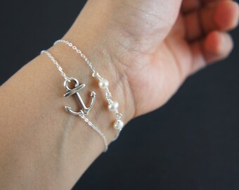 Anchor bracelet with pearls, bridesmaids, gift, sterling silver chain