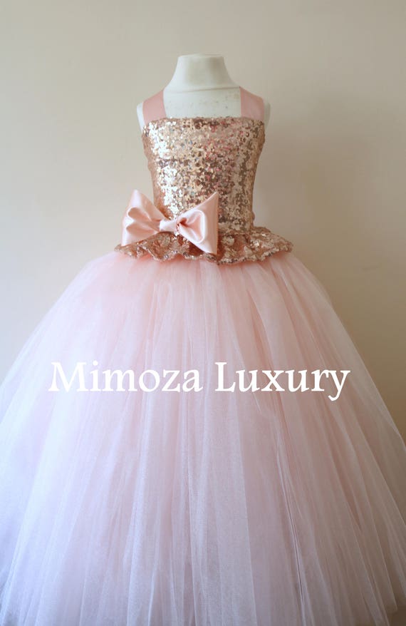 Blush Flower Girl Dress, rose gold bridesmaid dress, couture flower girl gown, bespoke girls dress, tulle princess dress, rose gold tutu