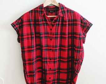 Red Plaid Short Sleeve Blouse, Boxy Button Up Shirt - S/M