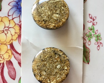 2 Vintage Plastic Buttons with Shiny Gold Flecks on Top, Black Back, 1 inch, Shank Style, NOS JHB Card, Large Buttons, Sewing, Repurposing