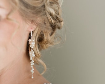 Long Pearl Bridal Earrings, Wedding Earrings, Ivory Pearl Cluster Earrings, Wedding Jewelry