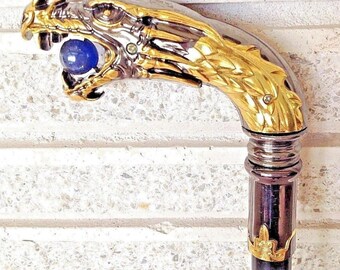 Gothic Brass Nickel Medieval Chinese Dragon Head Cane Walking Stick with Crystal Ball