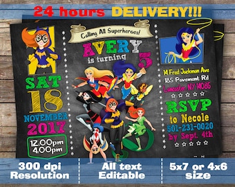 Dc Superhero Girls Invitation Dc Super hero girls birthday invitation dc party invite Supergirl Wonder Woman Batgirl Harley Quinn invitation