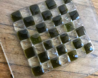 Fused Recycled Glass Bottle Plate - Upcycled Recycled Repurposed Amber Wine Bottle on Window Plate Glass