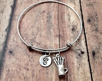 Paintbrush initial bangle - artist bracelet, paintbrush jewelry, art teacher jewelry, gift for artist, silver paintbrush bangle