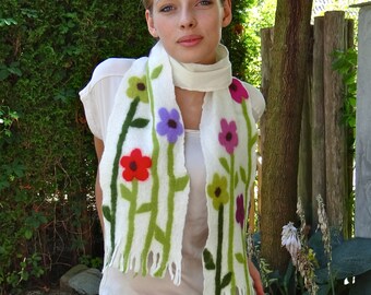 Handmade felt scarf, shawl, handfelted with floral motif, flowers. SALE