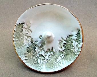 Ceramic Ring Holder Ring Bowl Ring Dish Ferns edged in gold