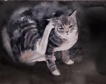 Tabby-Tabby Cat Painting, Watercolor Cat Painting, Original Art Cat, Original Watercolor Painting, Cat Lover Gift, Gift for Cat Lover