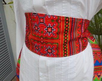 Belt style wide obi belt - fabric representing the Hmong - reversible patterns