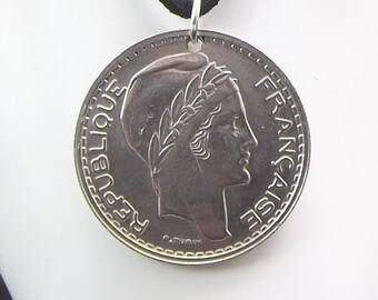 French Coin Necklace, 10 Francs, Coin Pendant, Leather Cord, Mens Necklace, Womens Necklace, 1948