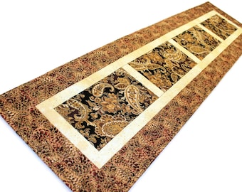 Paisley Quilted Table Runner, Black and Brown Shimmering Table Runner Quilt, 50 x 13 1/2", Quiltsy Handmade Patchwork Quilt
