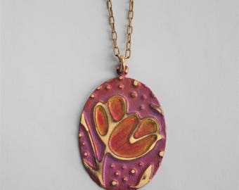 Flower Necklace, Tulip Necklace, Vintaj Jewelry, Handpainted Jewelry, Boho Jewelry, Patina Jewelry, Handmade Necklace, Brass Jewelry, Floral