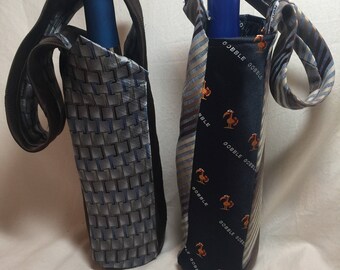 E220 Set of two recycled upcycled necktie wine bottle tote gift bags for Thanksgiving