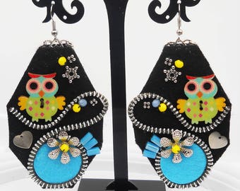 Colorful earrings Zipper Earrings Hippie earrings Hippie Gift Christmas gift Felt earrings Wooden buttons Boho Earrings Hippie Jewelry