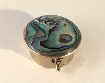 Alpaca Silver Pill Box – Abalone Shell Hinged Top – Locking Snuff Box – Mexican Silver