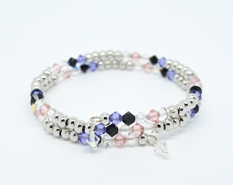Swarovski Crystal Memory Wire Double Layer Coil Bangle Bracelet in Silver Pink Purple Black and Clear Colours