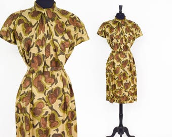 50s Olive Green Floral Dress | Silk Shirtwaist Dress | Medium